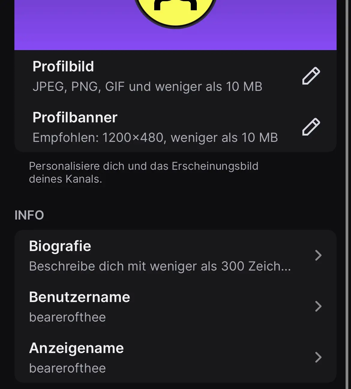 Menü „Profil bearbeiten“ in der Twitch-App Bild: Menü „Profil bearbeiten“ in der Twitch-App