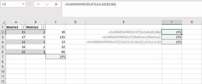 Verschiedene Parametereingaben für SUMMENPRODUKT