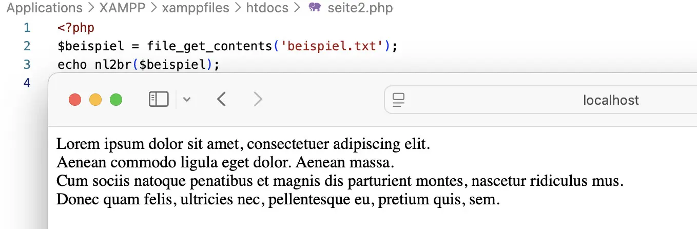 Bild: Die Funktion nl2br() in der Anwendung