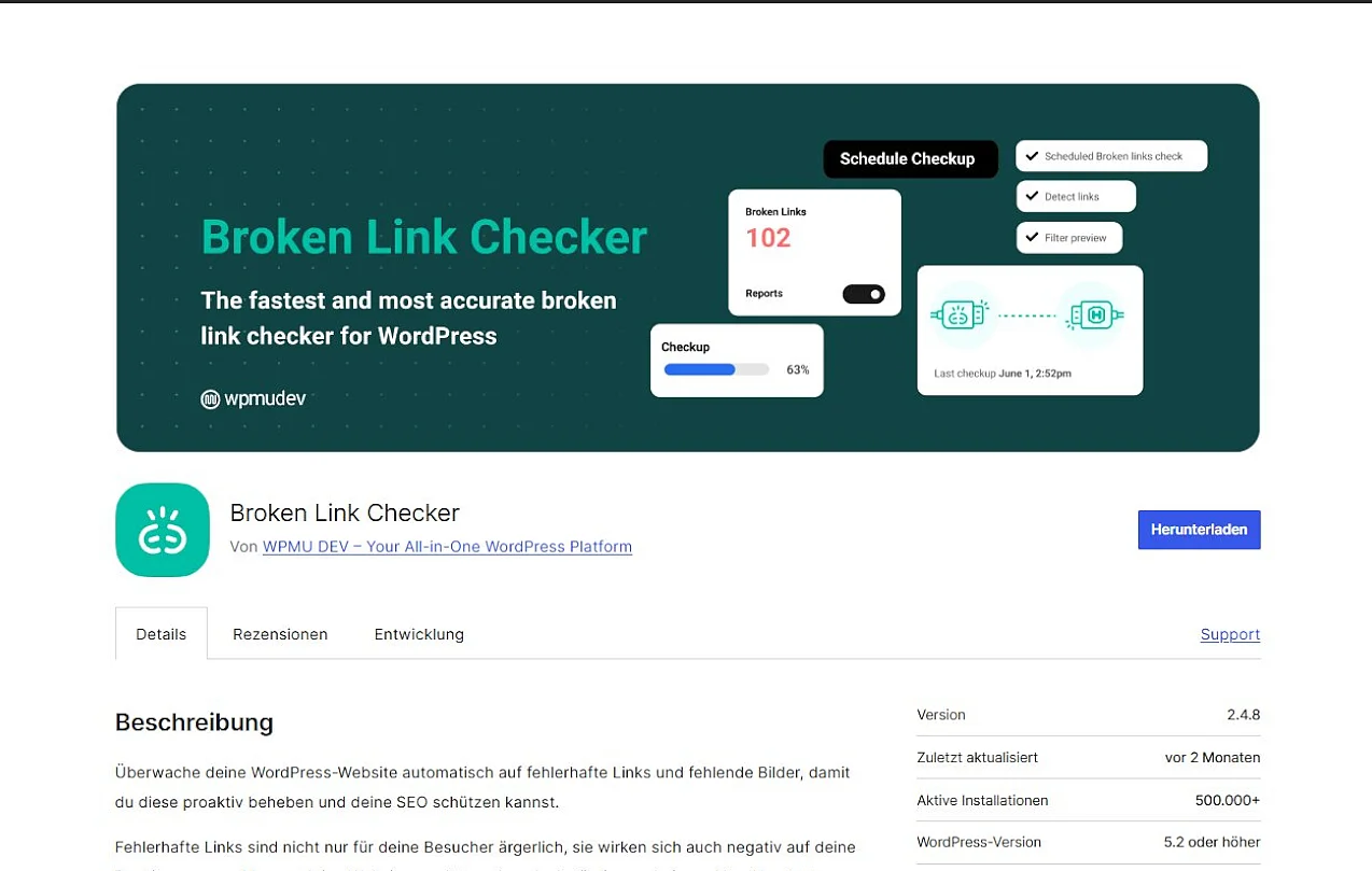Bild: wordpress.org: Plugin-Übersichtsseite zu „Broken Link Checker“
