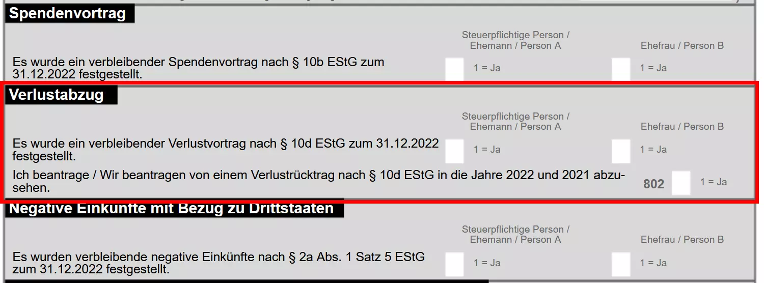 Bild: Kategorie &bdquo;Verlustabzug&ldquo; in der Anlage &bdquo;Sonstiges&ldquo;