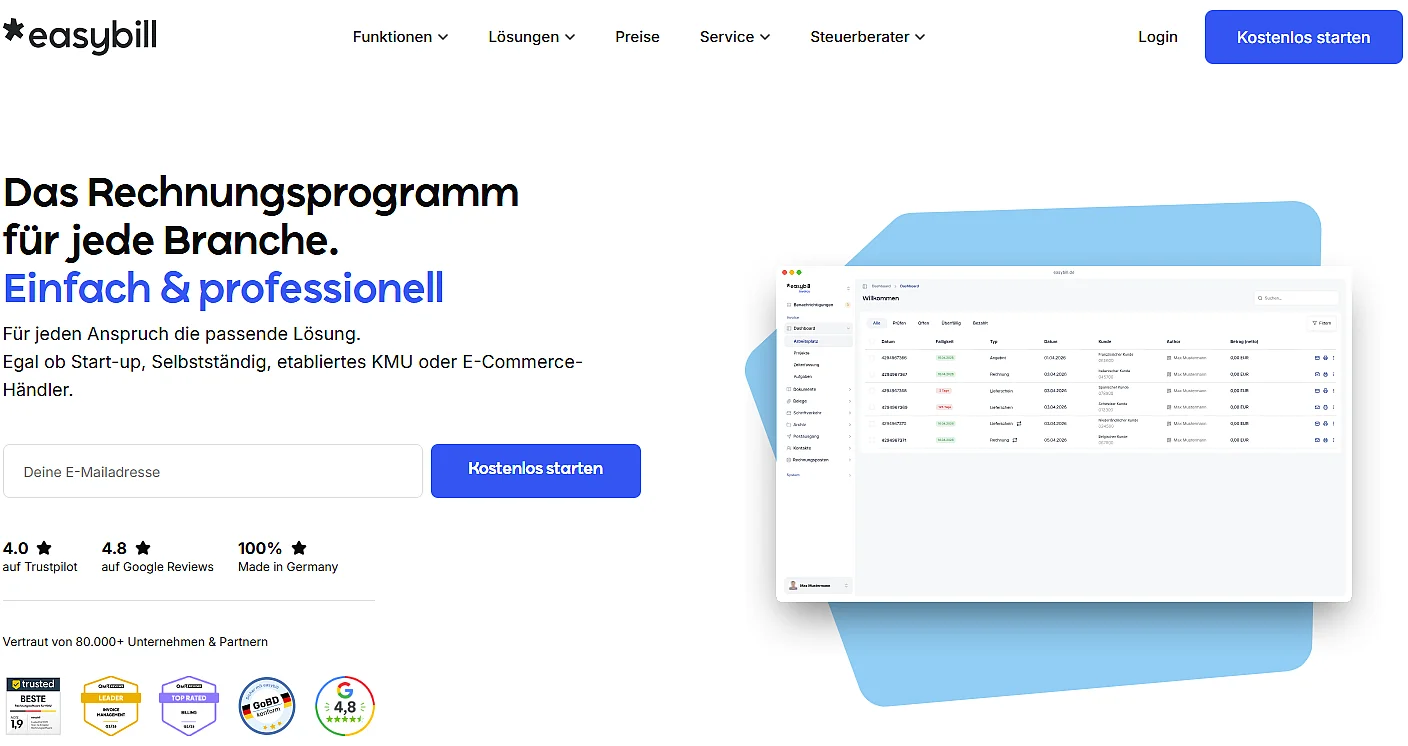 Screenshot von der offiziellen easybill-Website Bild: Screenshot von der offiziellen easybill-Website