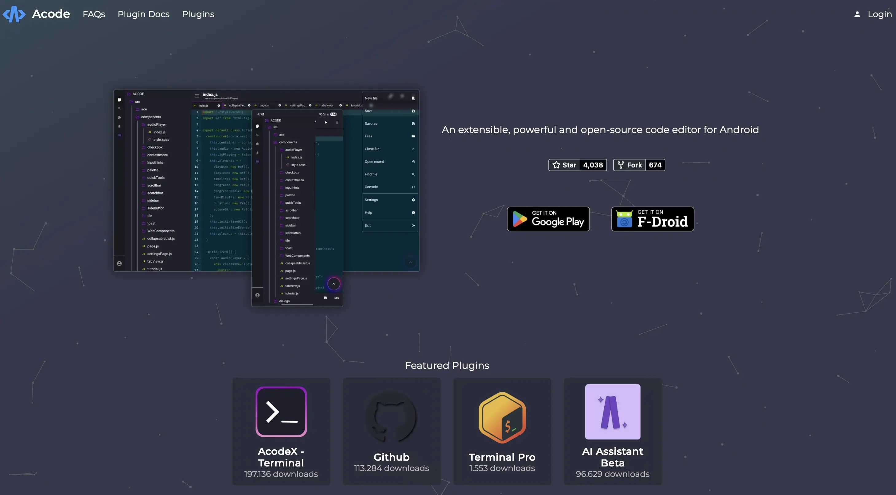 Bild: Screenshot der Acode Homepage