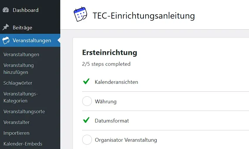Bild: The Events Calendar: Einrichtungsassistent