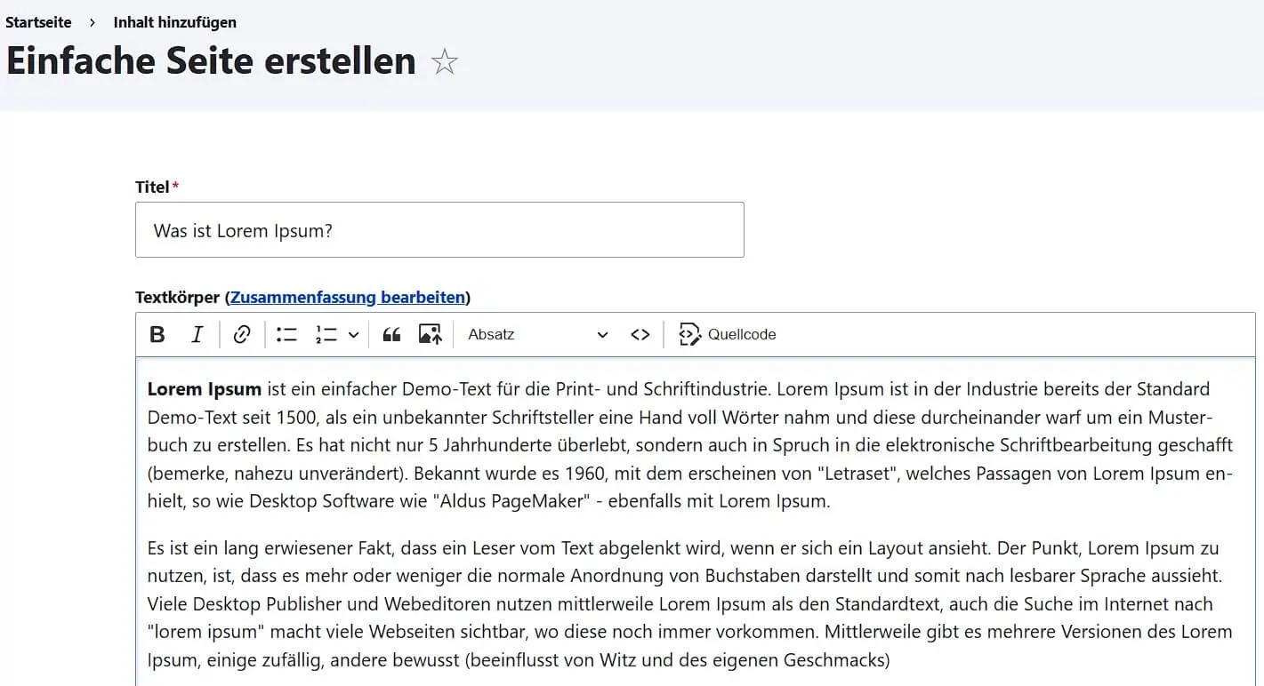 Menü „Einfache Seite erstellen“ in Drupal Bild: Menü „Einfache Seite erstellen“ in Drupal