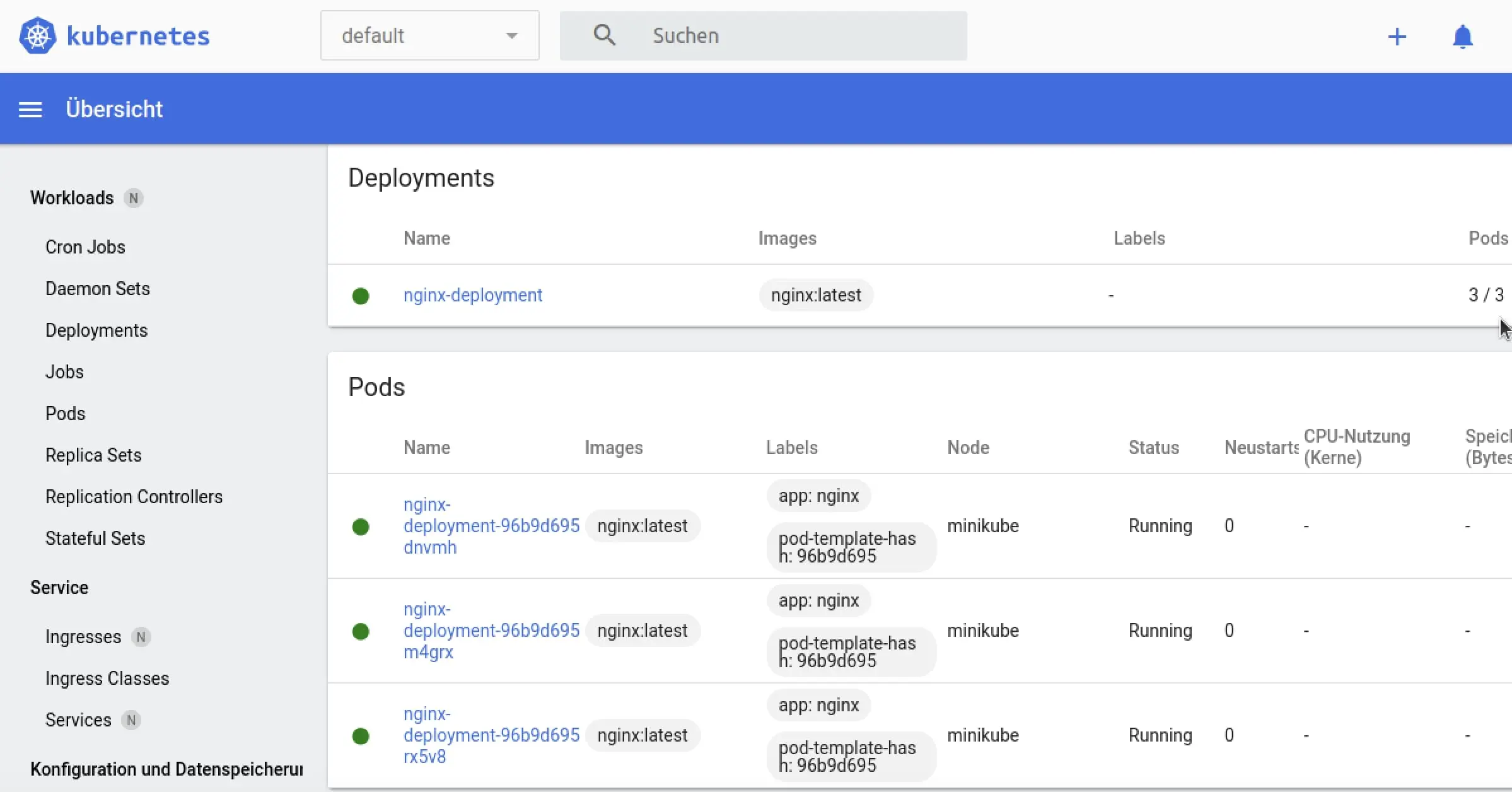 Bild: Kubernetes-Dashboard mit einem Deployment und drei Pods