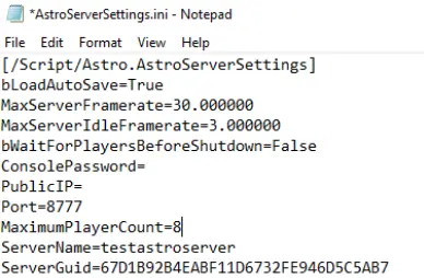 Screenshot der Konfigurationsdatei für Ihren Astroneer-Dedicated-Server Bild: Screenshot der Konfigurationsdatei für Ihren Astroneer-Dedicated-Server