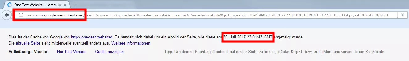 Informationsleiste bei einer Website, die aus dem Google-Cache geladen wurde