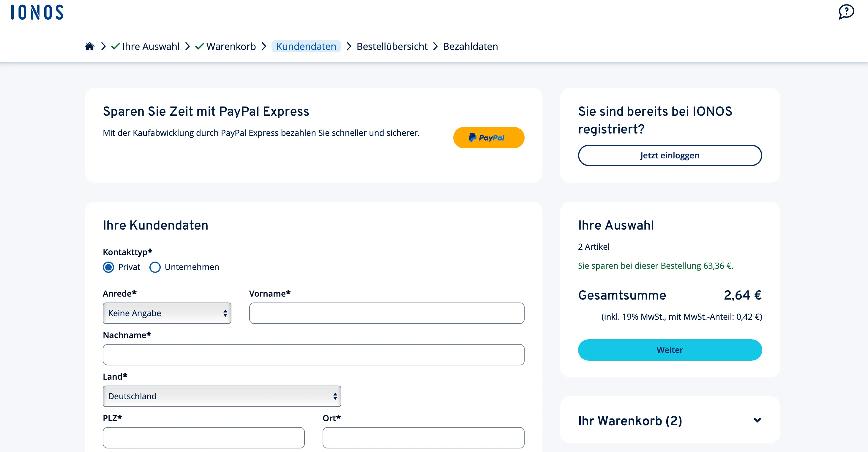 Bild: Screenshot der Registrierung bei IONOS