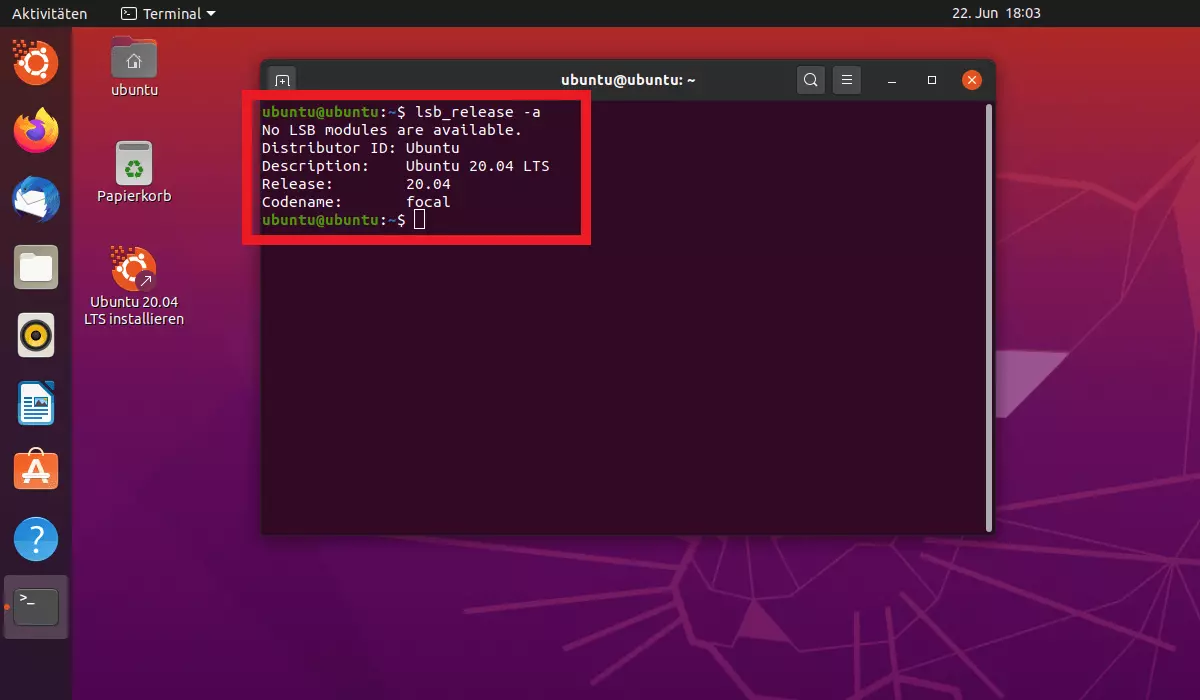 Kommandobefehl lsb_release -a im Terminal