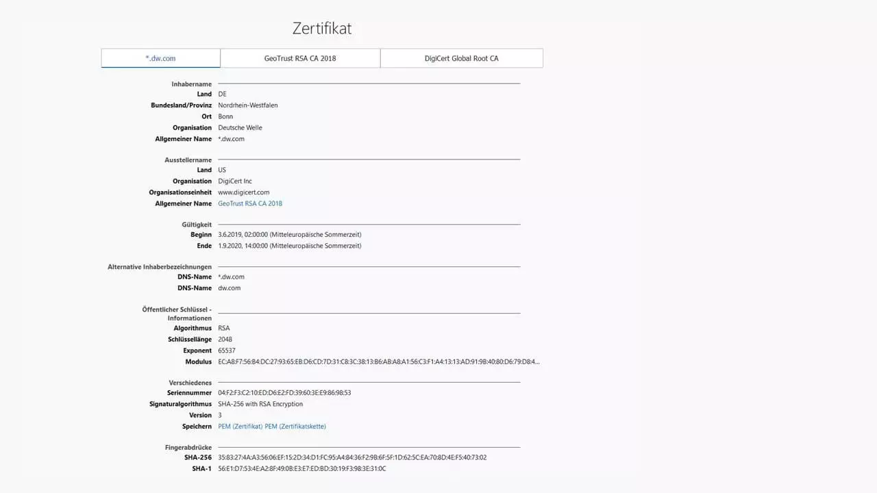 Bild: Serverzertifikat mit Hashwerten (Fingerabdrücken)