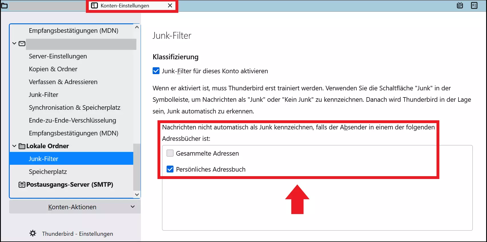 Bild: Thunderbird „Konten-Einstellungen“ mit Adressenfestlegung für Junkfilter