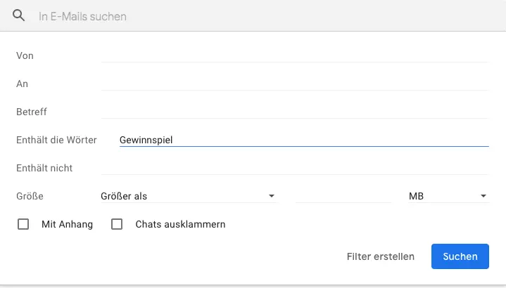 Bild: Screenshot der Auswahlmöglichkeiten für Filter bei Gmail