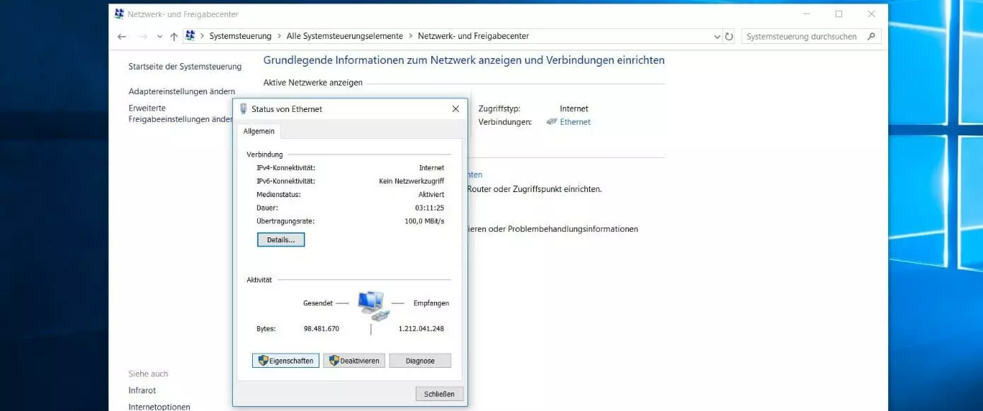 Bild: Netzwerk- und Freigabecenter in Windows 10