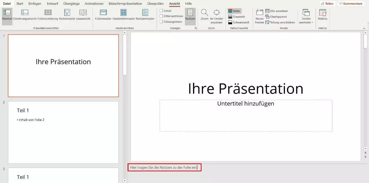 Bild: PowerPoint: Notizen einfügen für Beispiel-Folie