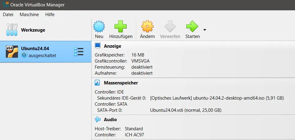 Bild: Oracle VirtualBox Manager mit auswählbarer VM