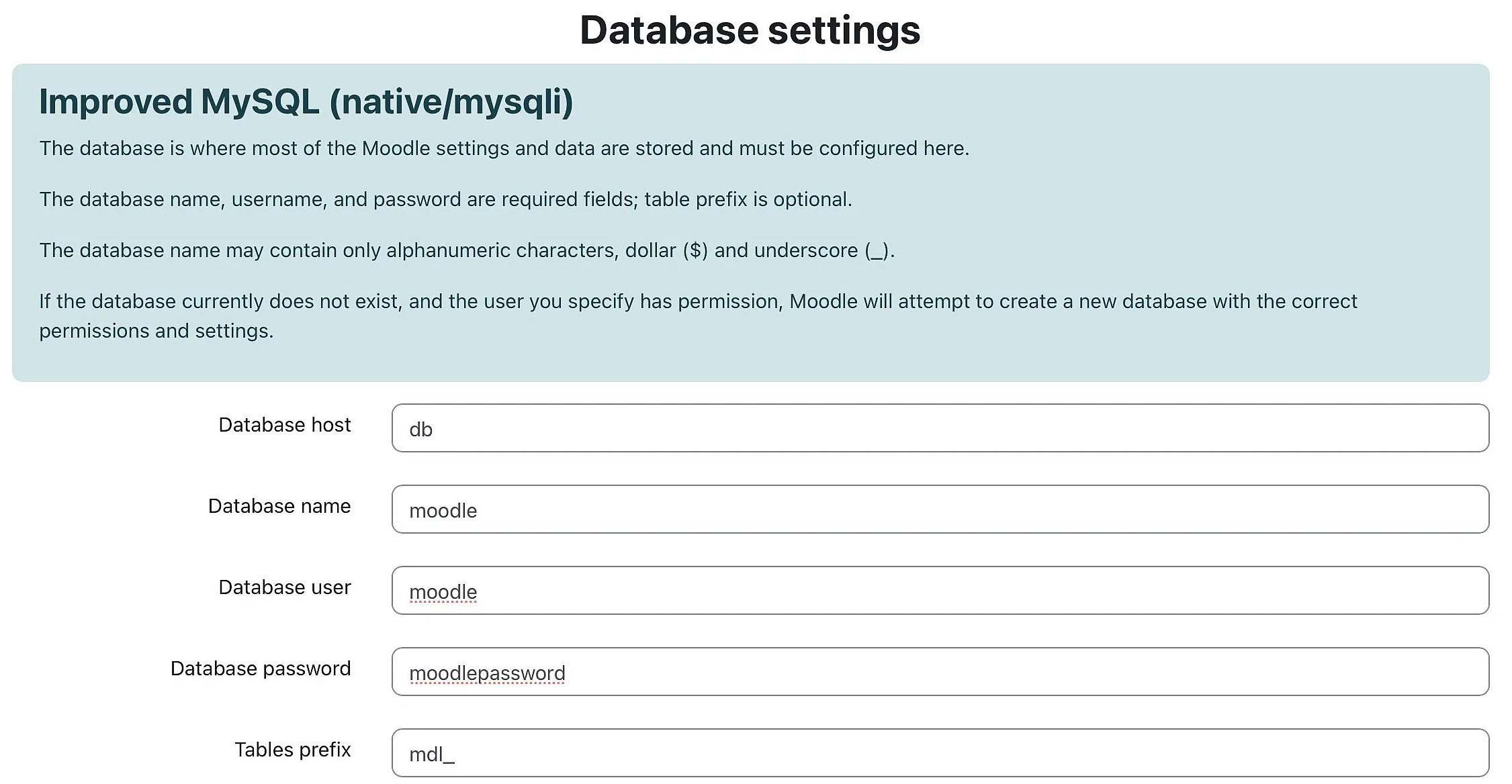 Moodle-Datenbankeinstellungen Bild: Moodle-Datenbankeinstellungen