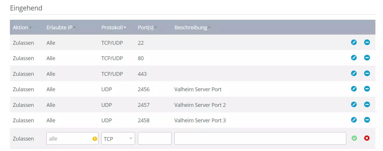 IONOS Cloud Panel: Freigabe der Valheim-Server-Ports