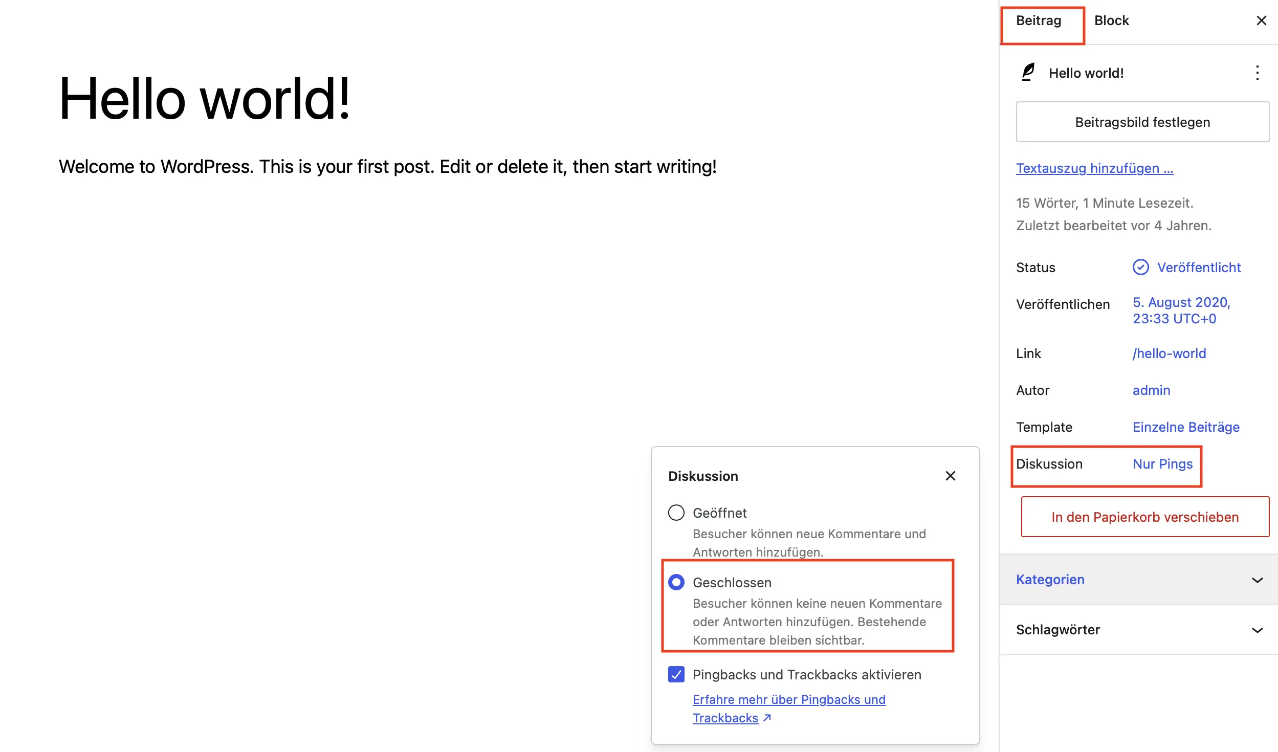 Gutenberg-Editor mit Infobox (rechte Seitenleiste); der Reiter „Beitrag“ und der Abschnitt „Diskussion“ sind geöffnet. Bild: Gutenberg-Editor mit Infobox (rechte Seitenleiste); der Reiter „Beitrag“ und der Abschnitt „Diskussion“ sind geöffnet.