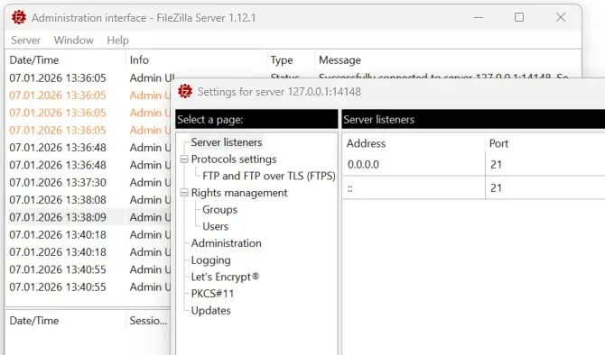 Menü des FileZilla-Servers Bild: Menü des FileZilla-Servers
