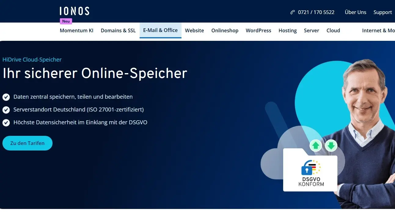 Die Website des HiDrive Cloud-Dienstes von IONOS Bild: Die Website des HiDrive Cloud-Dienstes von IONOS