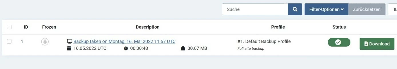 Bild: Joomla-Backend: Mit Akeeba erstelltes Backup