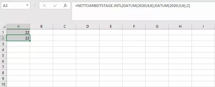 Bild: Die erweiterte Funktion NETTOARBEITSTAGE.INTL in Excel