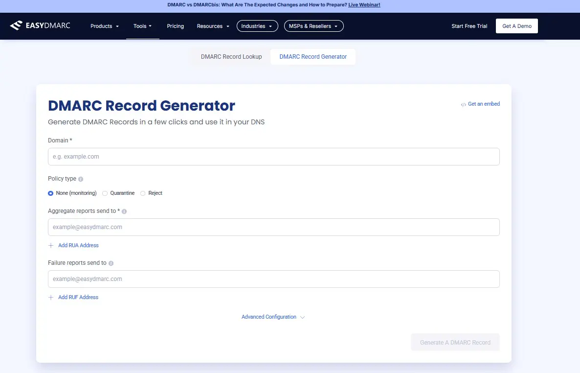 Screenshot des Tools DMARC Record Generator von easydmarc Bild: Screenshot des Tools DMARC Record Generator von easydmarc