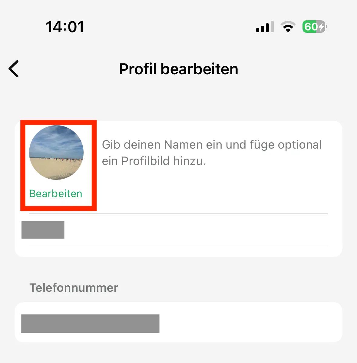 Bild: Screenshot der WhatsApp-Einstellungen „Profil bearbeiten“ unter iOS