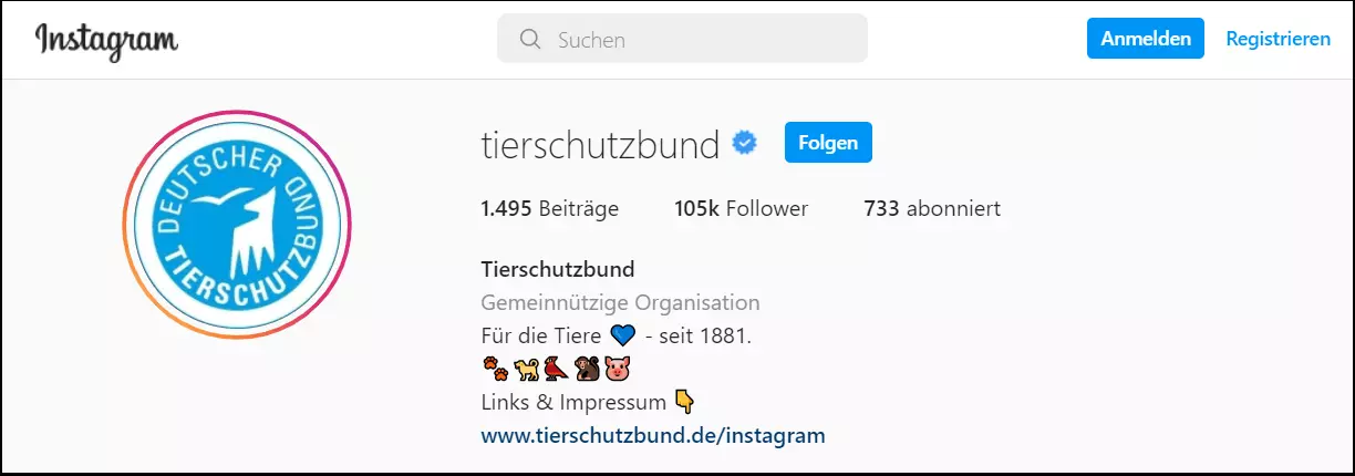 Bild: Beispiel für eine Instagram-Bio: Tierschutzbund