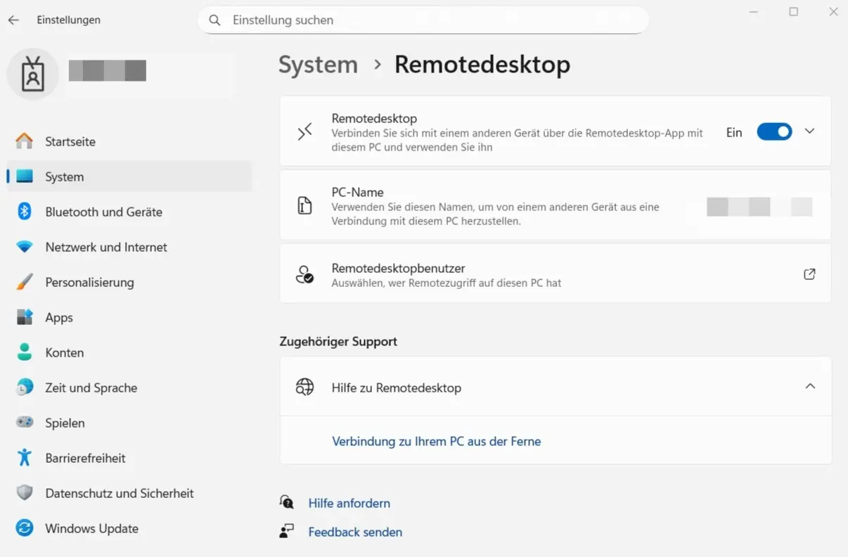Bild: Aktivieren des Remotedesktops