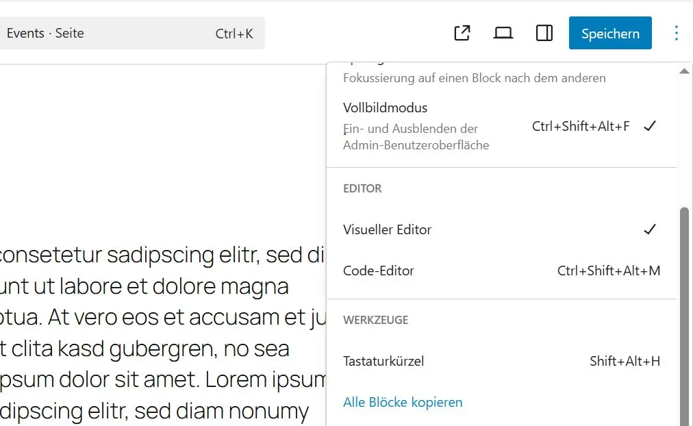 Gutenberg-Editor: „Alle Blöcke kopieren“ Bild: Gutenberg-Editor: „Alle Blöcke kopieren“
