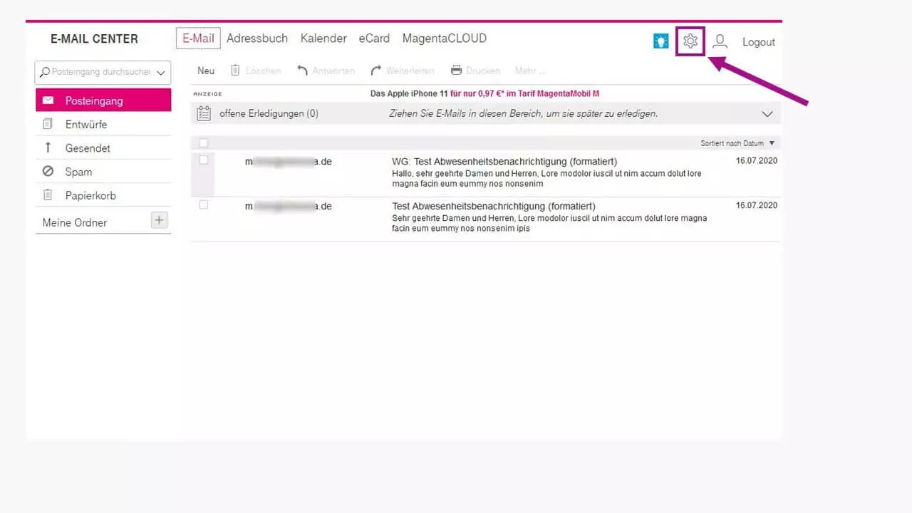 Abwesenheitsnotiz ohne Mozilla Thunderbird: Das E-Mail-Center der Telekom