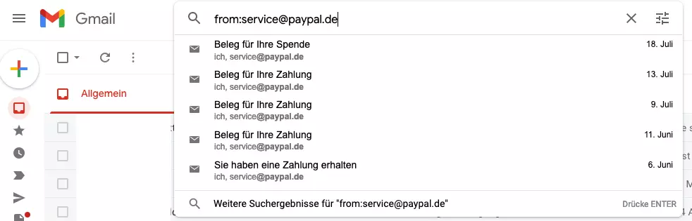 Bild: Gmail-Suche mit Suchoperatoren: Vorschläge