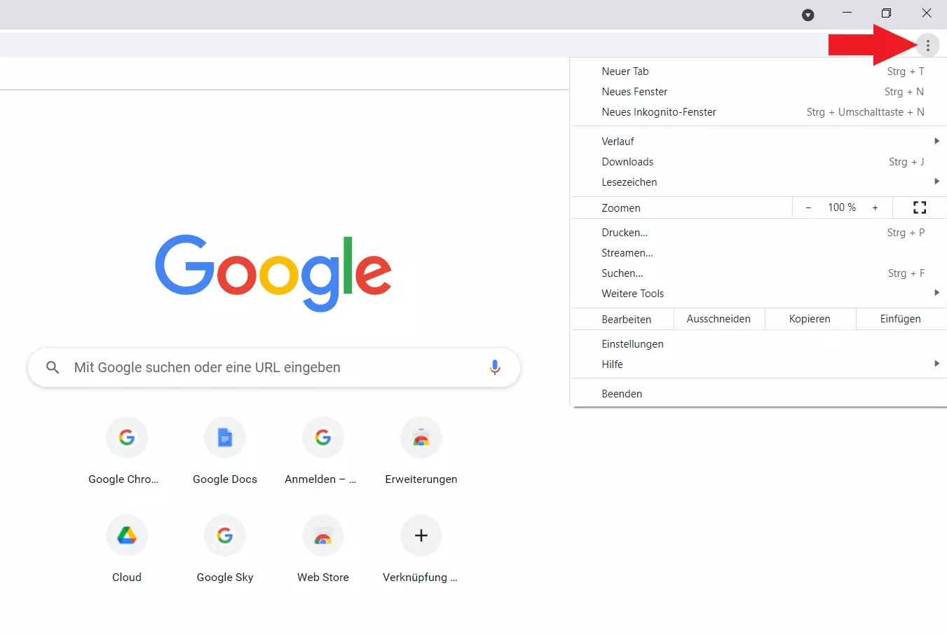 Bild: Chrome-Menü „Google Chrome anpassen und verwalten“ 