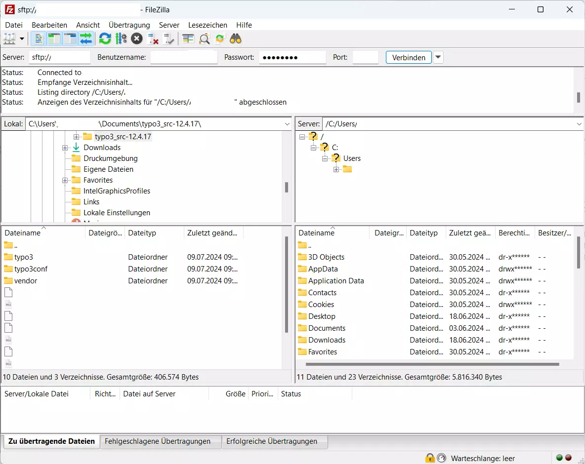Geöffnetes FTP-Programm mit Statusfenster oben, den lokalen Dateien links und dem Verzeichnis des Servers rechts Geöffnetes FTP-Programm mit Statusfenster oben, den lokalen Dateien links und dem Verzeichnis des Servers rechts
