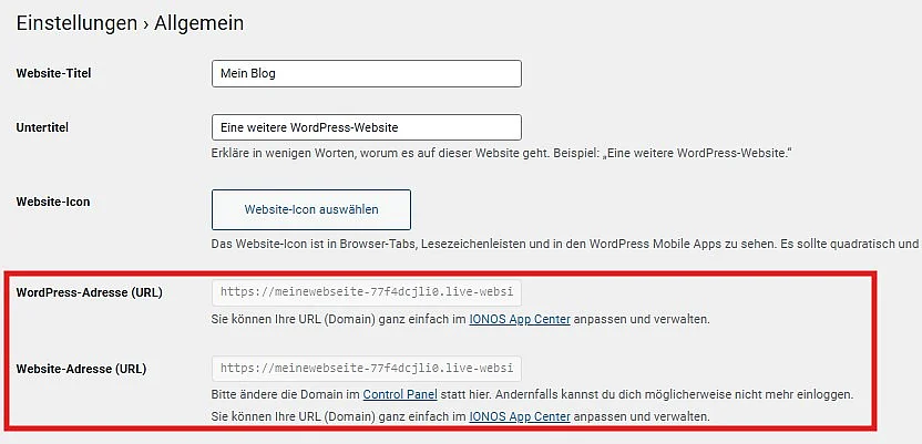 Bild: Ausgegraute Felder für die WordPress-URL-Änderung im Dashboard