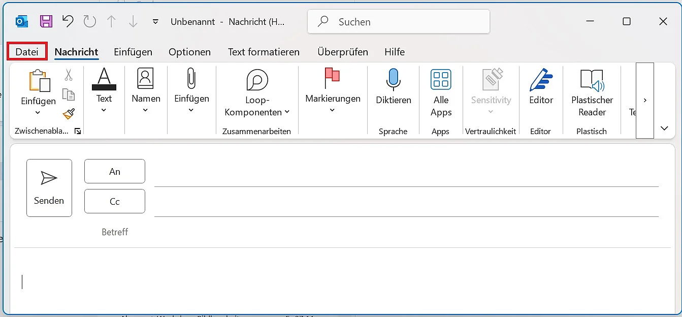 Bild: Outlook-Fenster mit geöffneter neuer Nachricht und Menüpunkt „Datei“