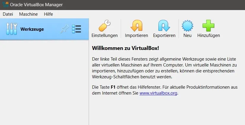 Bild: Oracle VirtualBox Manager: Startbildschirm