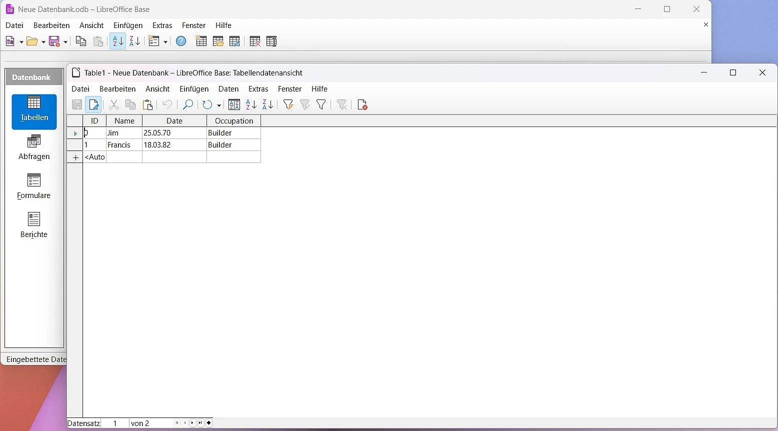 Bild: Exemplarische Kundendatenbank in LibreOffice Base