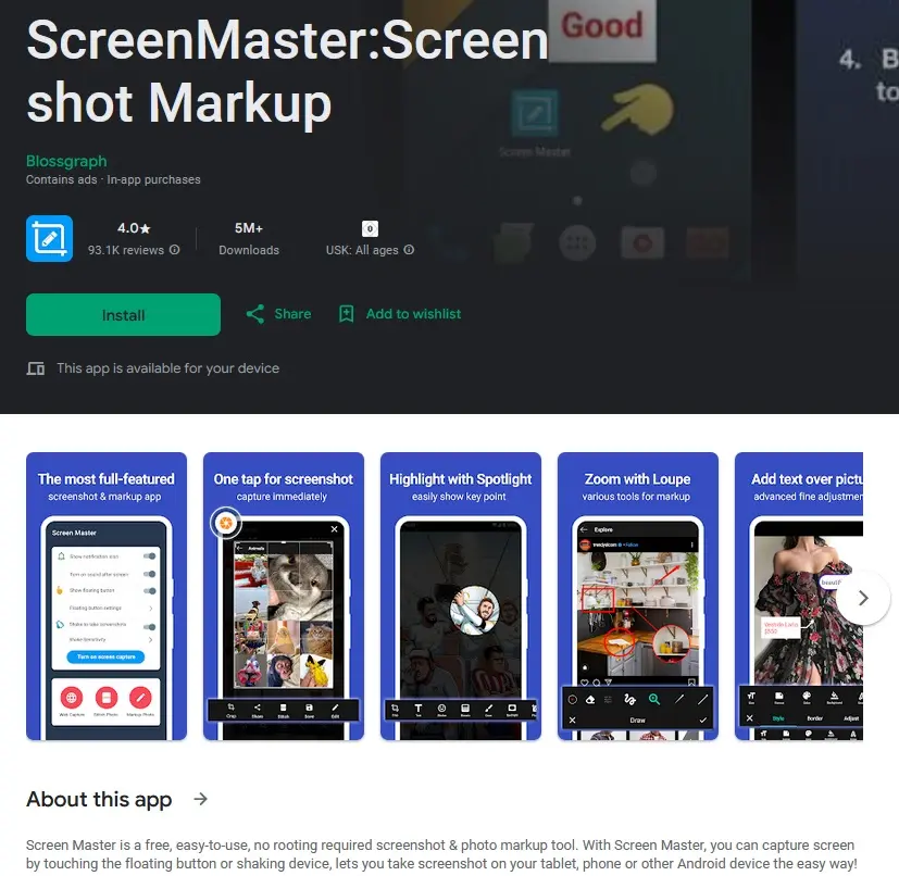 Screenshot-Tool Screen Master im Google Play Store Bild: Screenshot-Tool Screen Master im Google Play Store