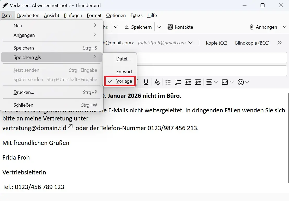Bild: Thunderbird-Abwesenheitsnotiz: Text als Vorlage speichern