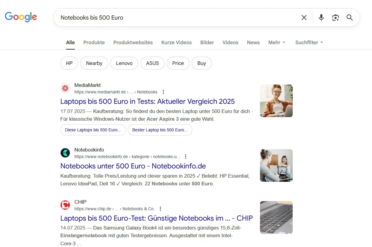 Google-Suche: „Notebooks bis 500 Euro“ Bild: Google-Suche: „Notebooks bis 500 Euro“