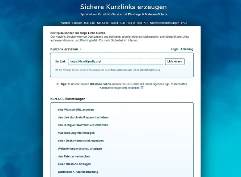Bild: Screenshot des URL Shortener t1p.de
