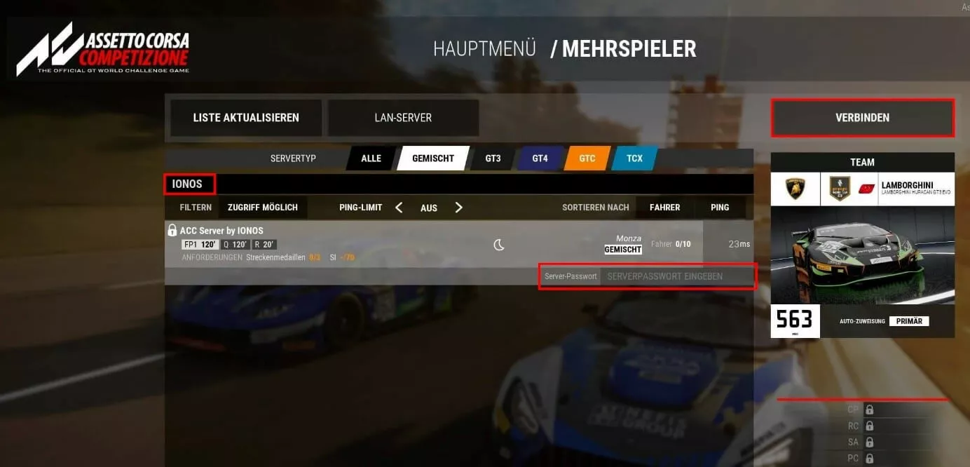 Screenshot aus ACC: Mehrspieler-Serverliste