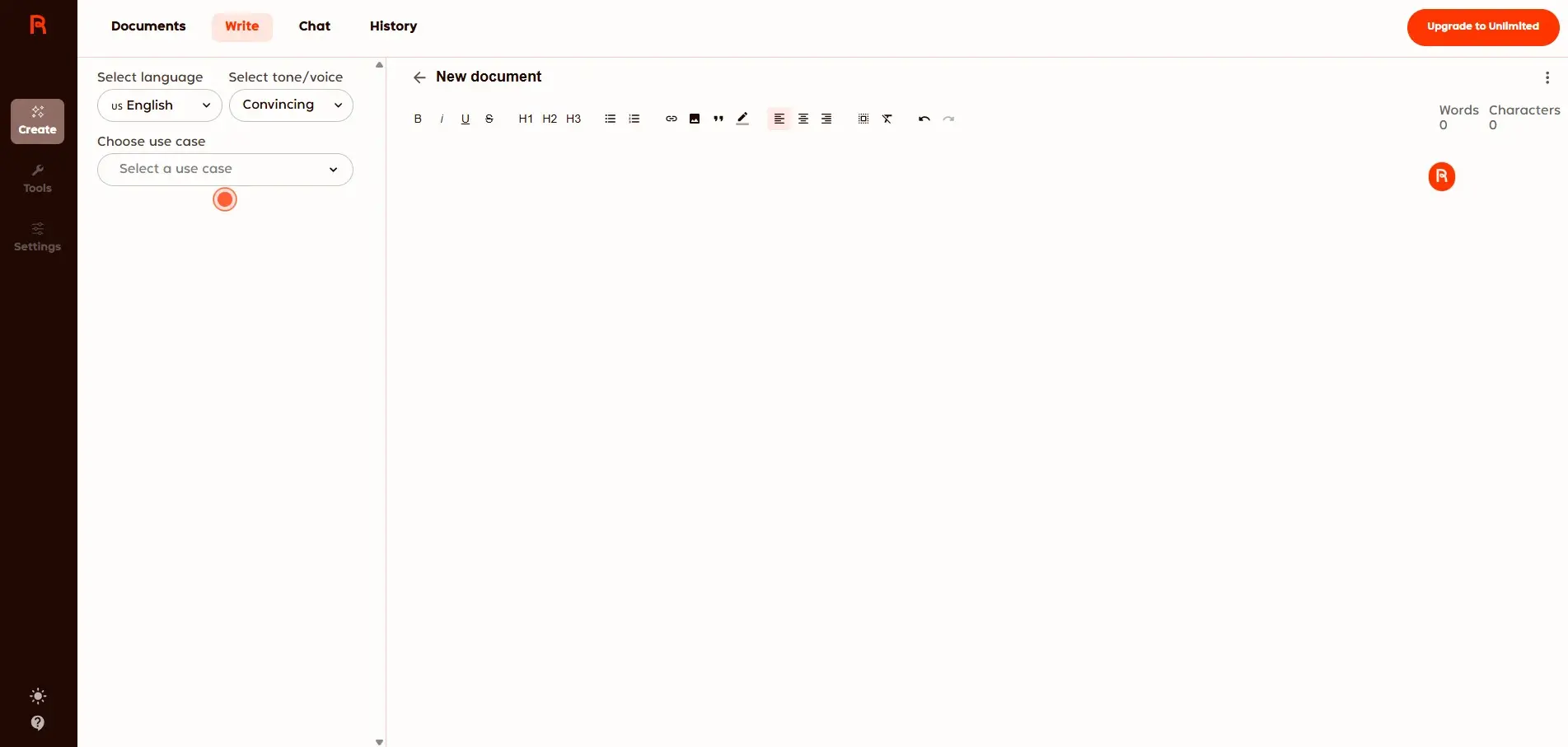 Bild: Screenshot der Benutzeroberfläche von Rytr
