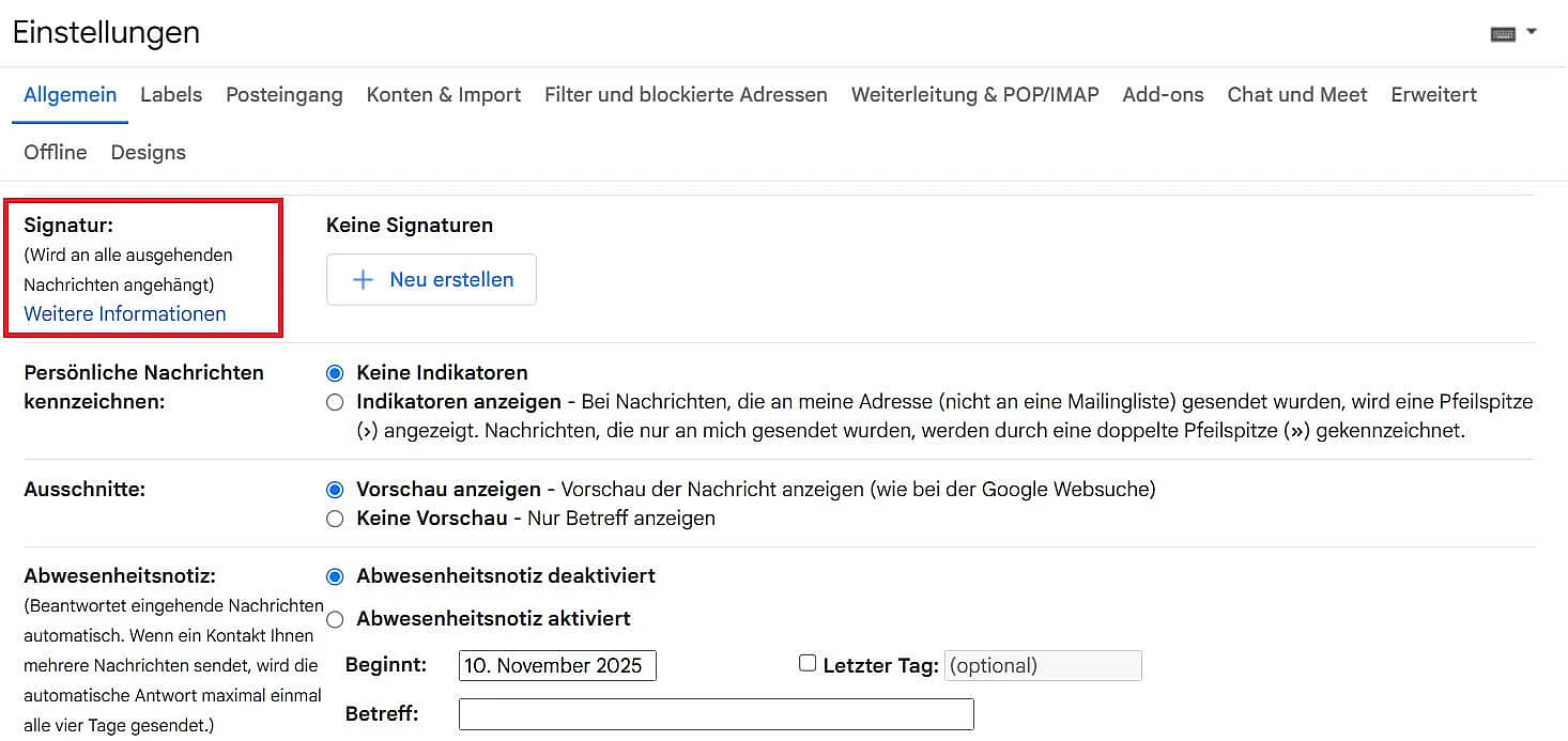 Bild: Gmail-Einstellungen im Bereich Allgemein mit Abschnitt „Signatur“