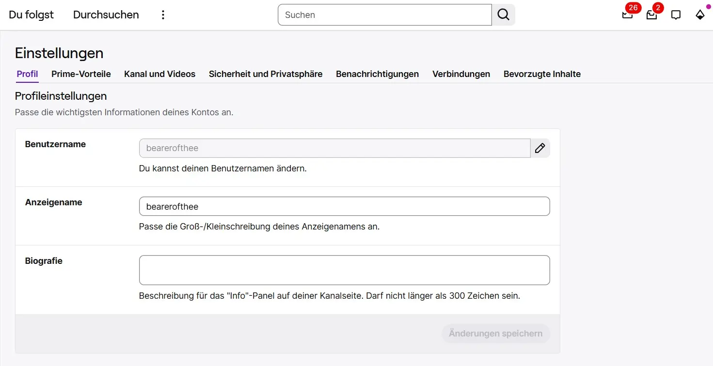 Profileinstellungen auf Twitch Bild: Profileinstellungen auf Twitch