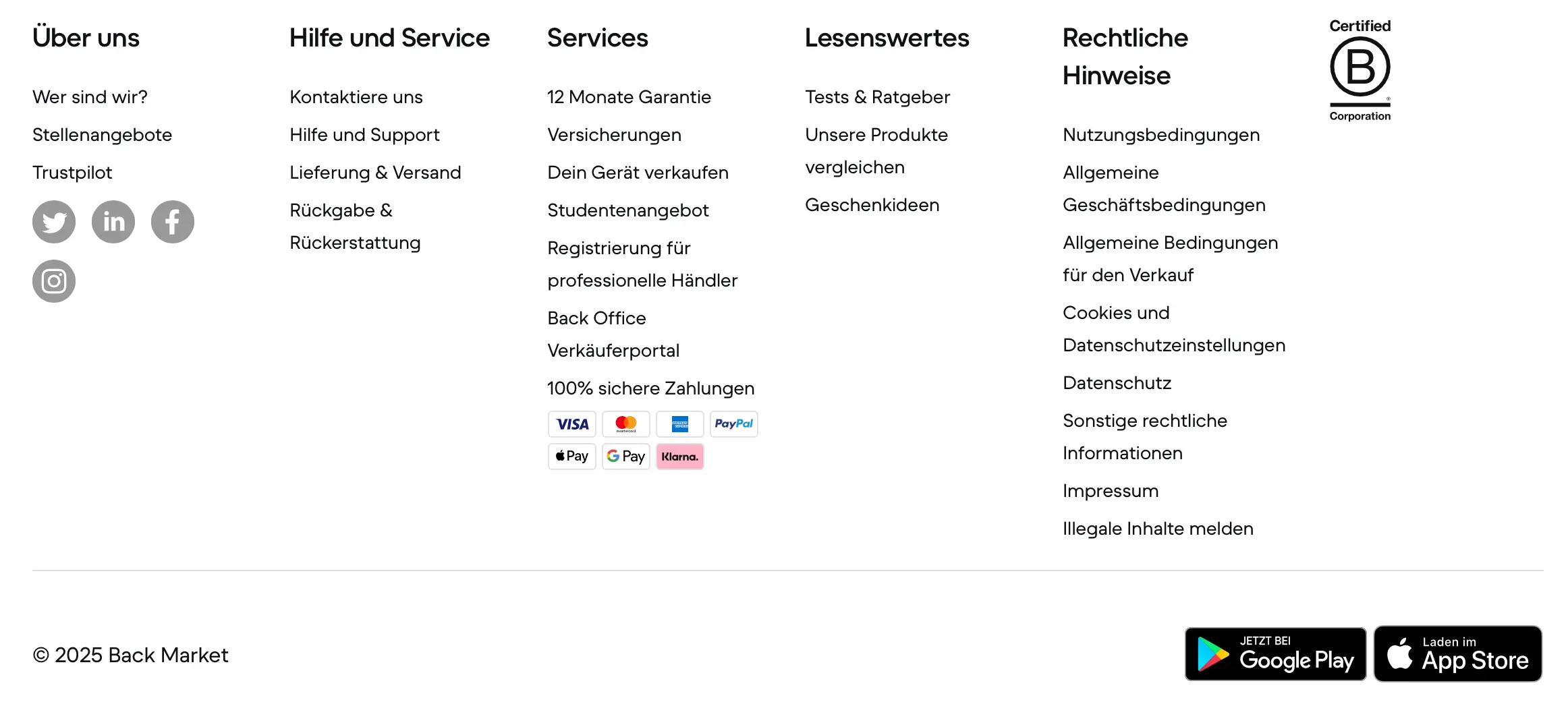 Screenshot des Footers vom Elektromarktplatz Backmarket Bild: Screenshot des Footers vom Elektromarktplatz Backmarket