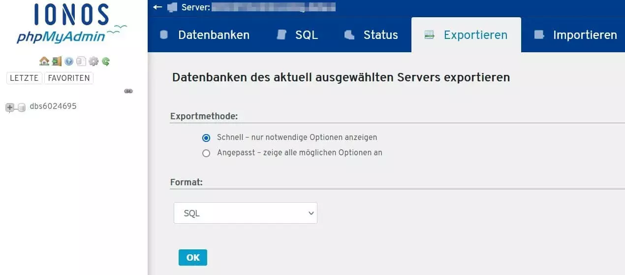 Bild: phpMyAdmin-Interface von IONOS: Datenbank-Export